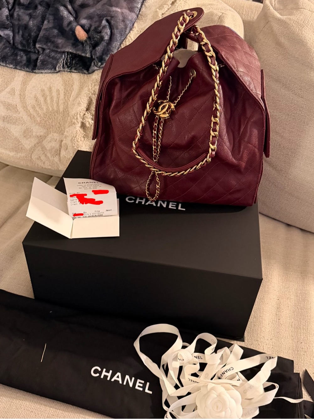 CHANEL Burgundy Quilted Leather Drawstring Shoulder Bag with Gold Chain
